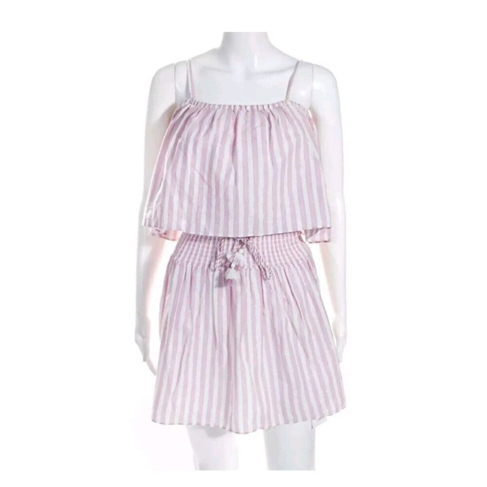 Playa Lucila Striped Mini Dress Pink White Cotton Size Extra Small Ruffle